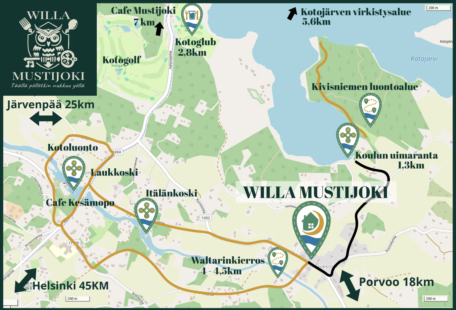 Laukkosken lähialueen opaskartta: Willa Mustijoki, Cafe Mustijoki, Itälänkoski, Waltarin silta ja Kotojärvi